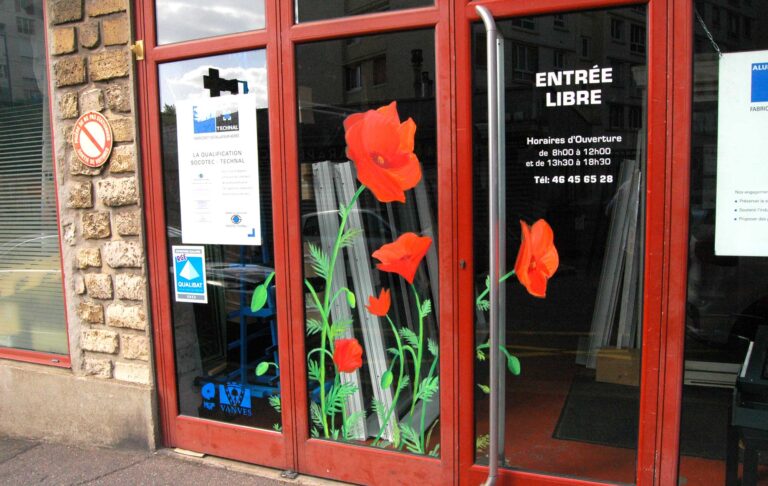 Peinture à la main sur vitrine de plusieurs coquelicot. vanves 2023